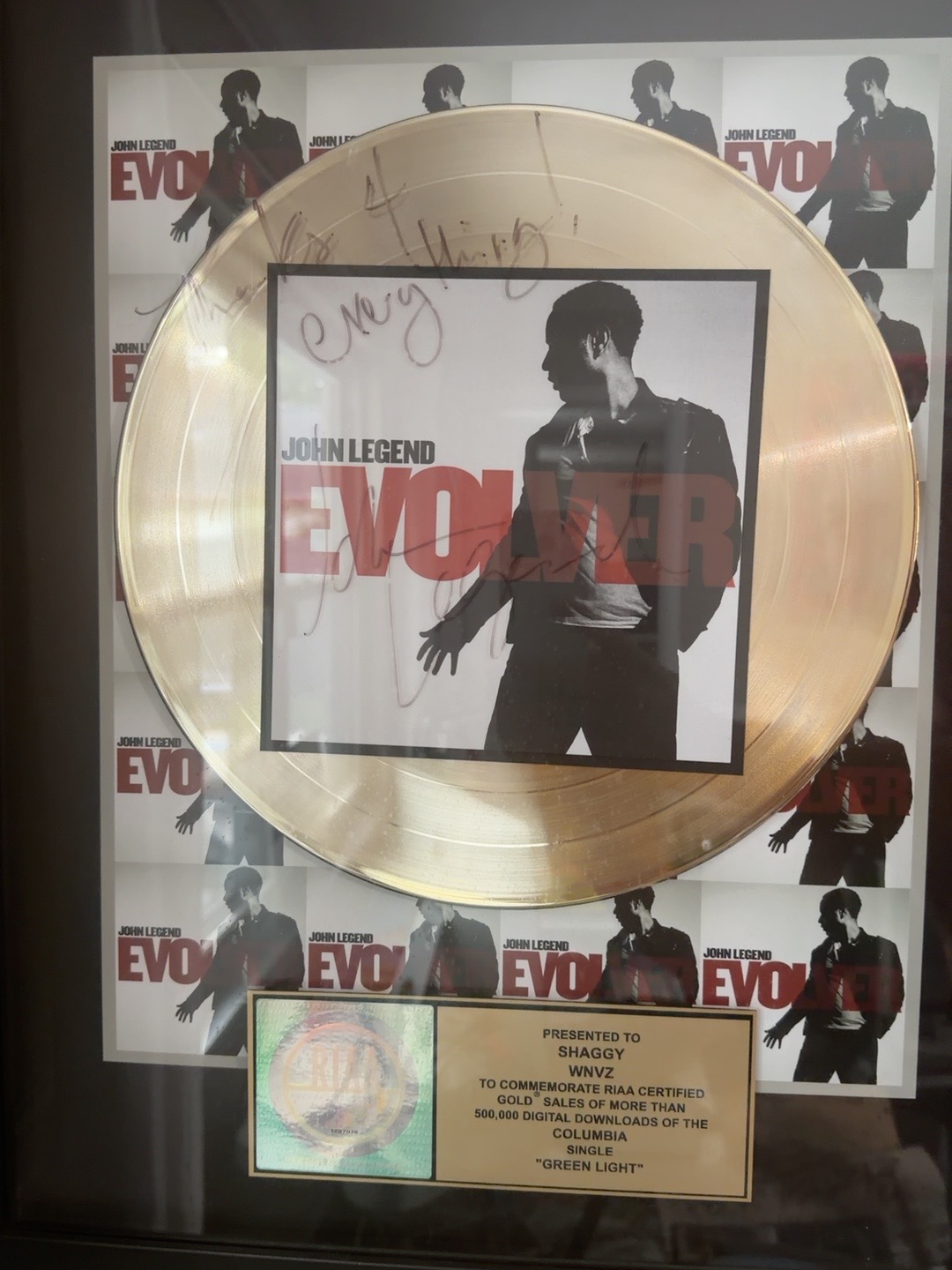 John Legend: A signed RIAA gold plaque presented to Shaggy and WNVZ for more than 500,000 digital downloads of “Green Light.”