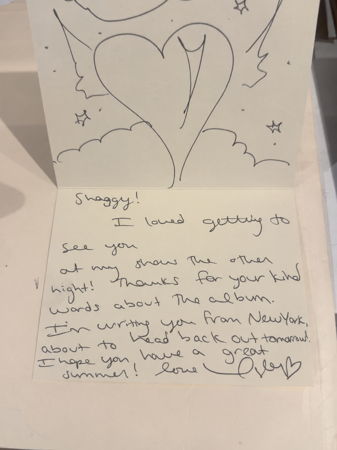 A personal handwritten note Taylor Swift sent to Shaggy
