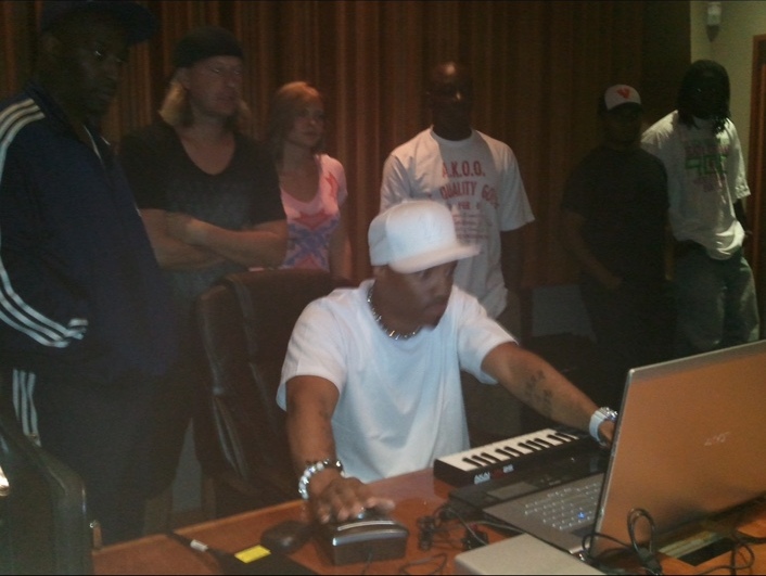 Teddy Riley working at the keyboard inside Thomas Crown Studios