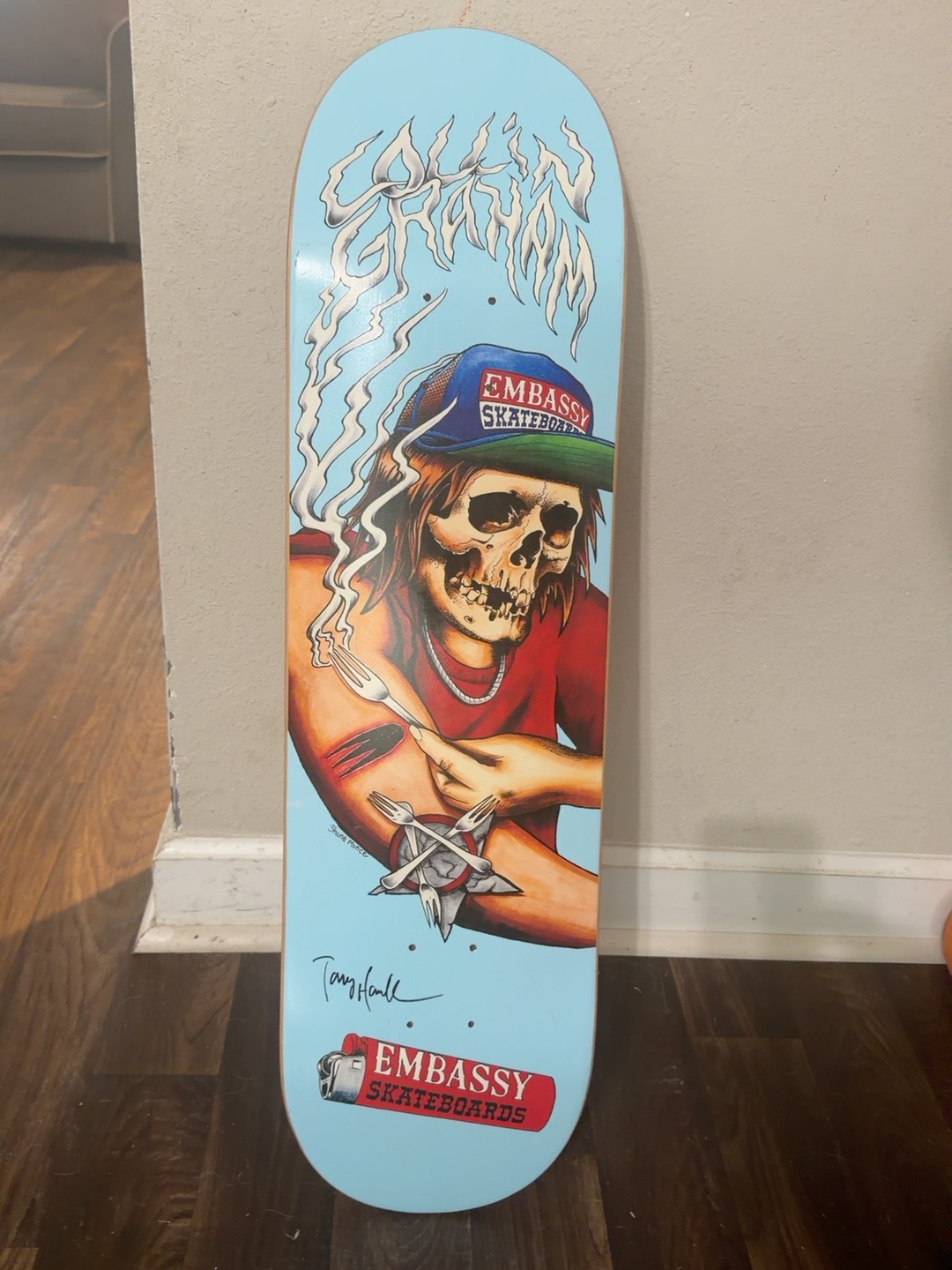 Limited Embassy skateboard deck signed by Tony Hawk