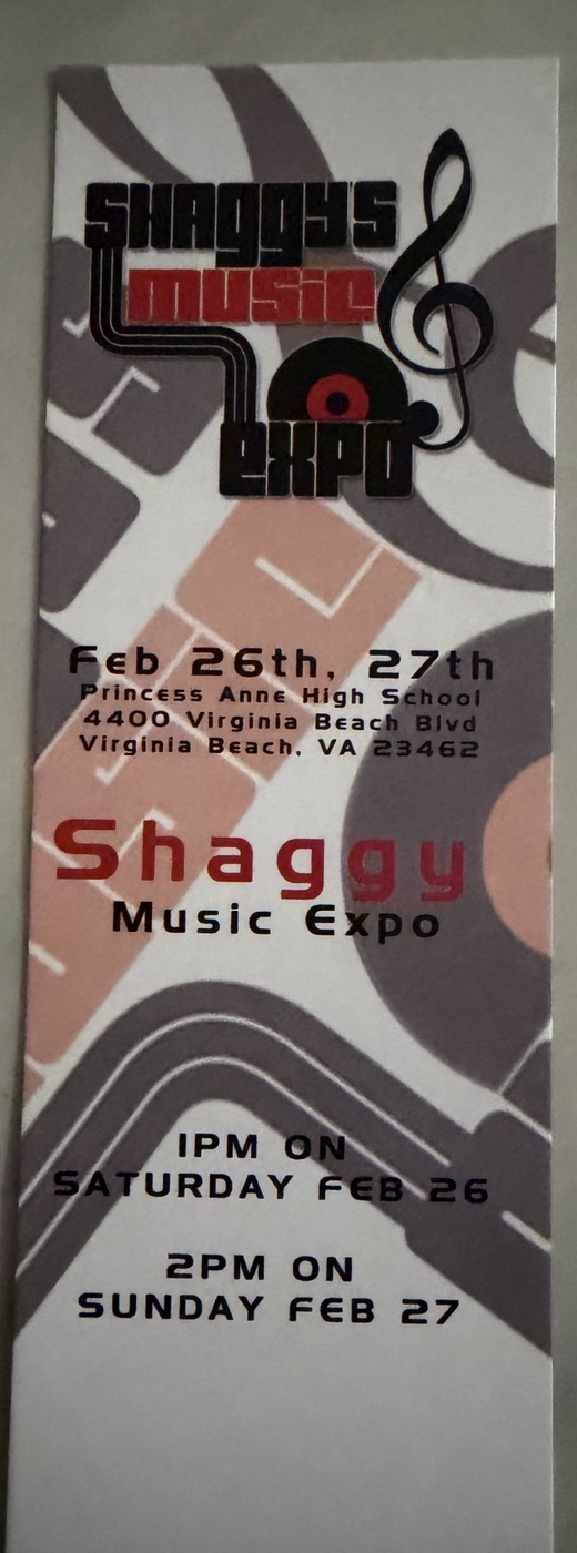 Original admission ticket for the Shaggy Music Expo, February 26 and 27, 2011