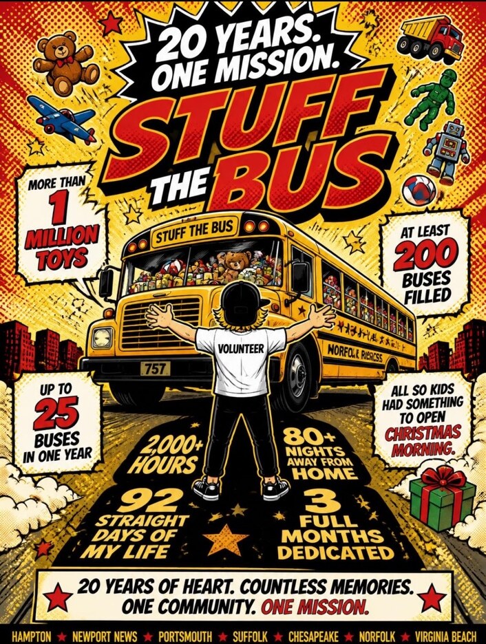Stuff the Bus 20 Years One Mission milestone artwork