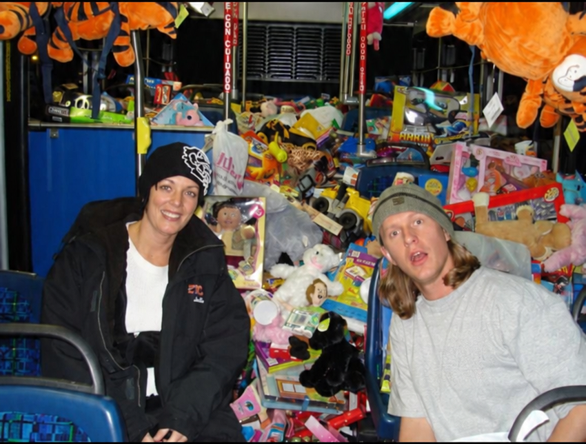 Shaggy and Jade inside the first Stuff the Bus bus in 2006