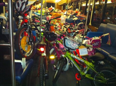 Donated bicycles packed inside the Stuff the Bus bus in 2010